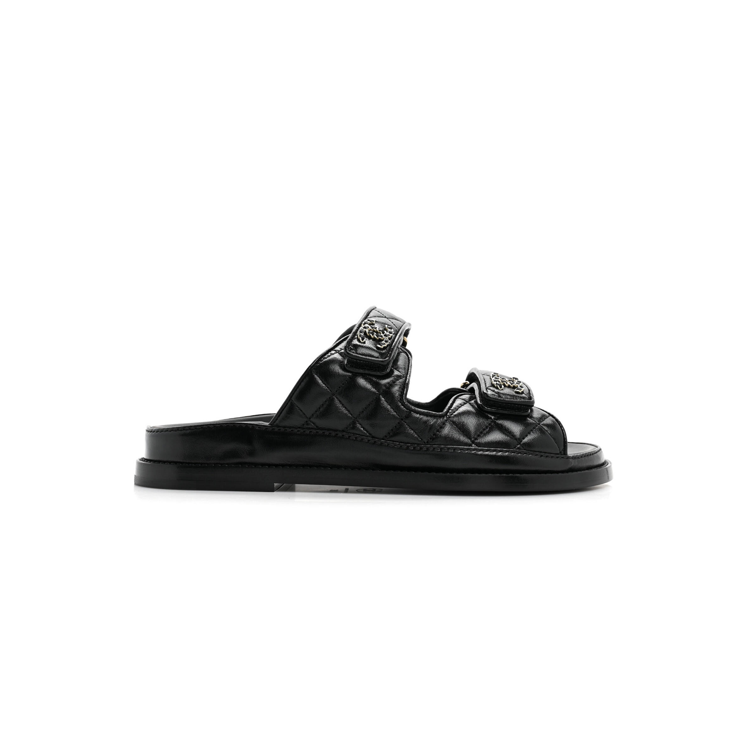 CHANEL LAMBSKIN QUILTED VELCRO DAD CHAIN CC SLIDE SANDALS BLACK G45507